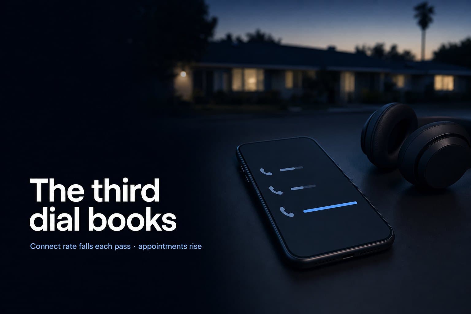 Illustration: a phone on a dark desk showing three calls to the same contact, the first two short and dim and the third long and lit, a headset beside it, California ranch homes behind, with the words the third dial books and connect rate falls each pass, appointments rise.