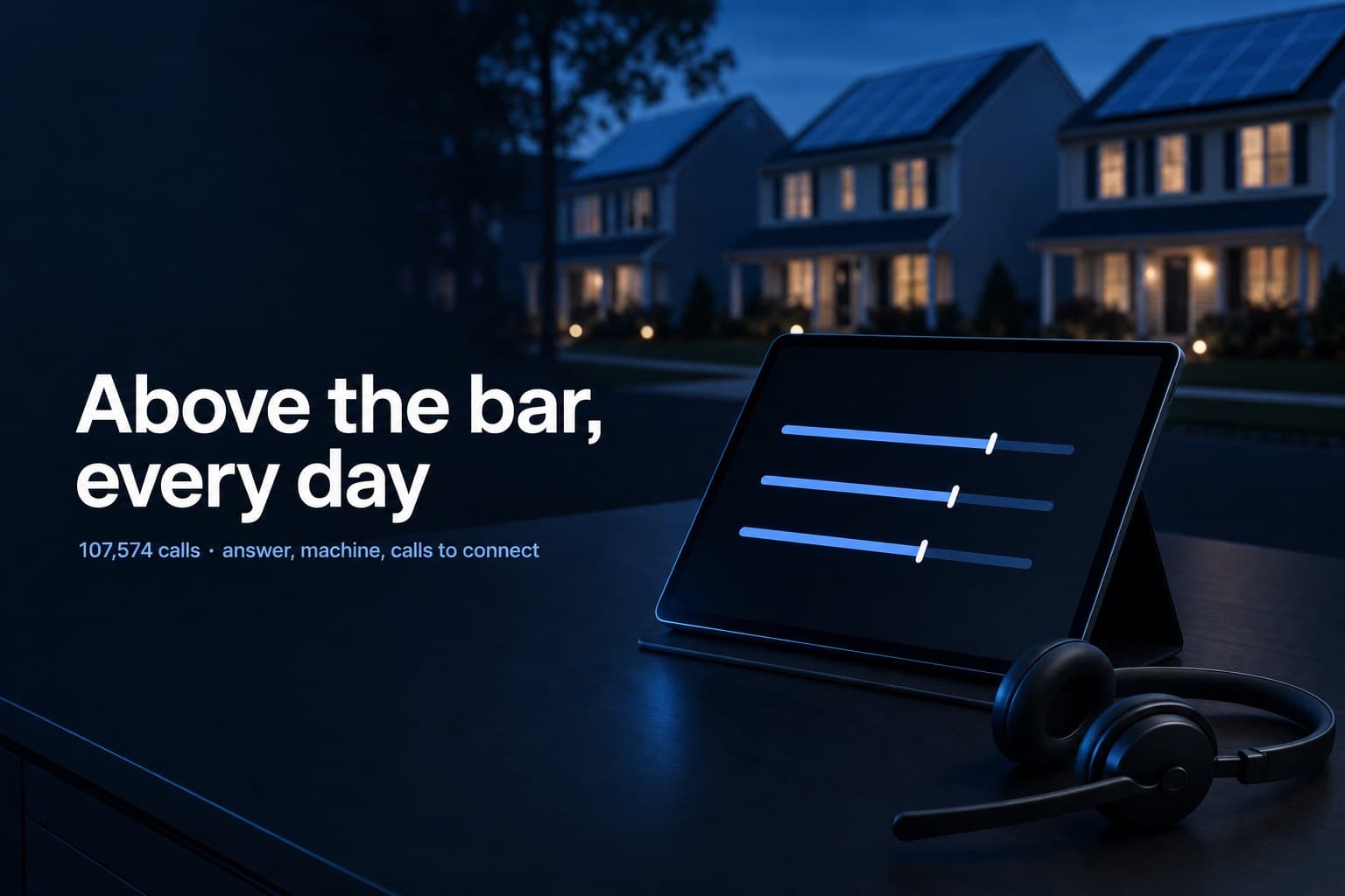 Illustration: a tablet on a dark desk showing three meter bars beside a headset, New Jersey colonial homes with solar roofs behind, with the words above the bar, every day and 107,574 calls, answer, machine, calls to connect.