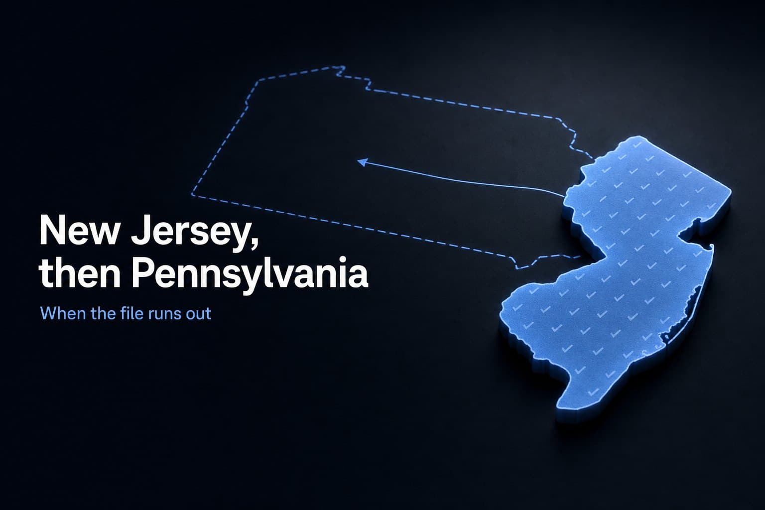 Illustration: a relief map with New Jersey lit and covered in small check marks, a thin line running west into a dashed outline of Pennsylvania, with the words New Jersey, then Pennsylvania, when the file runs out.