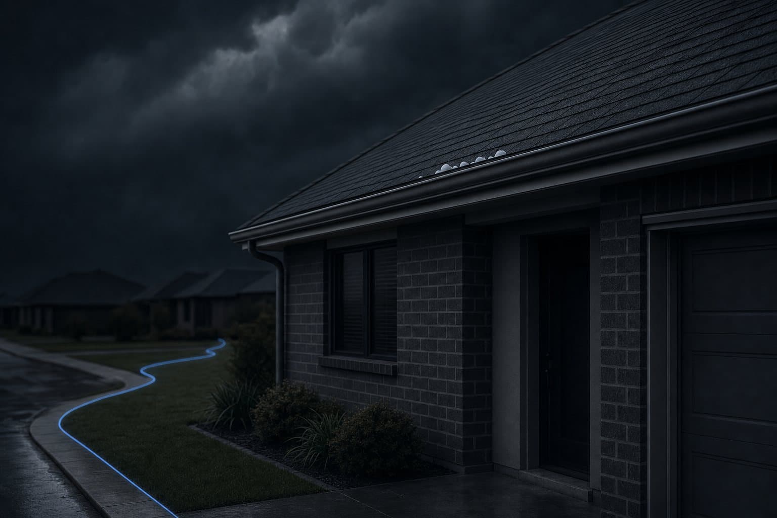 A house roof under a hail cloud, a storm-swath contour traced across the lawn