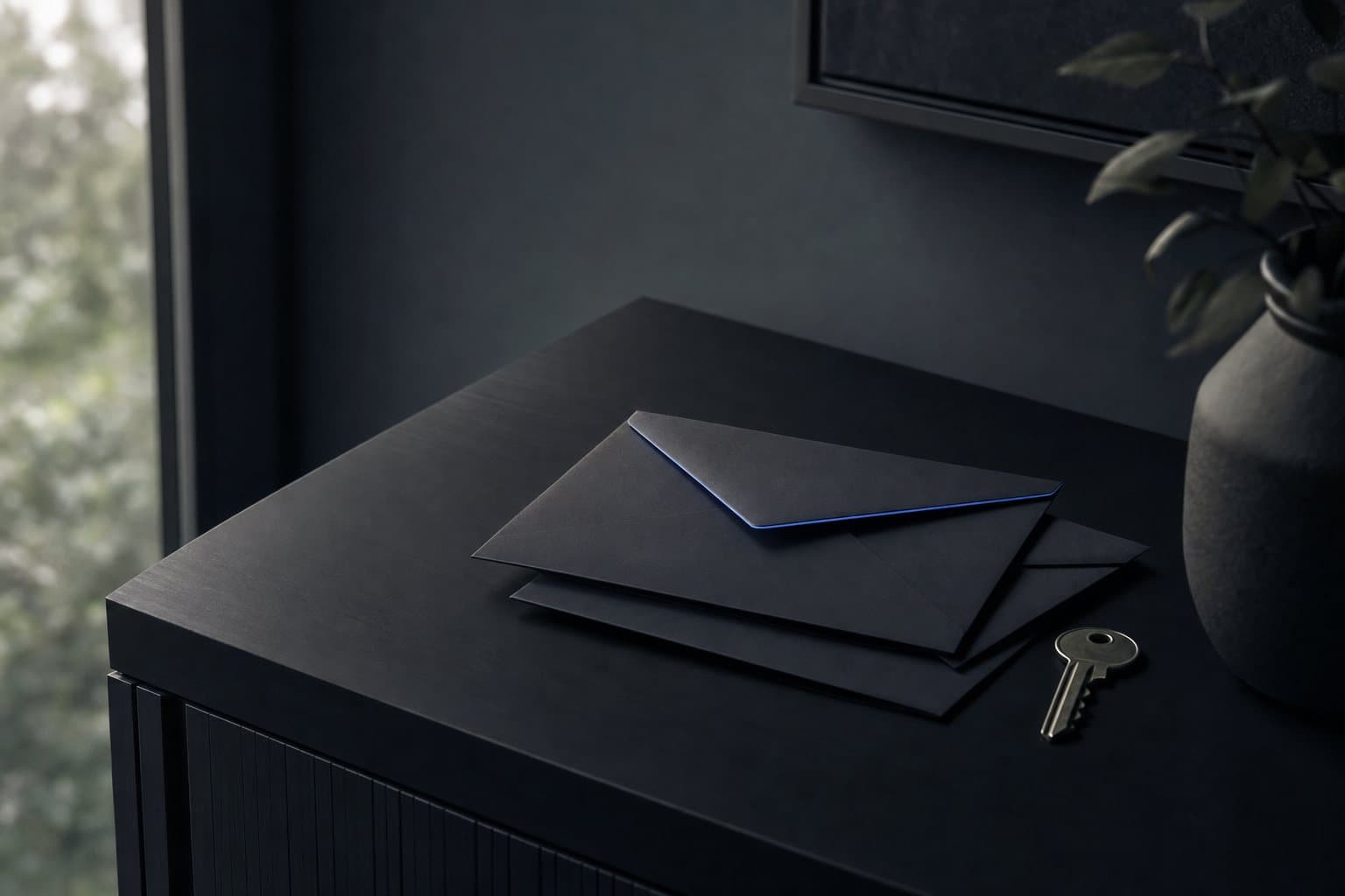 Three unopened envelopes on a hallway table beside a house key