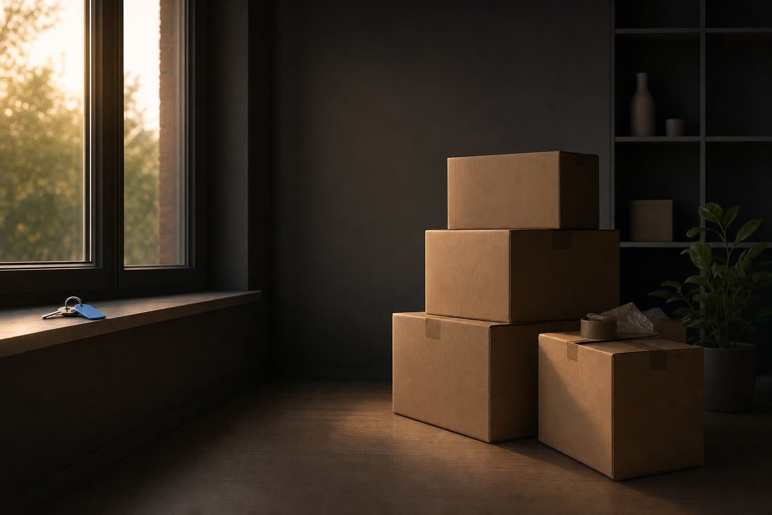 Moving boxes in an empty living room, a new house key on the windowsill