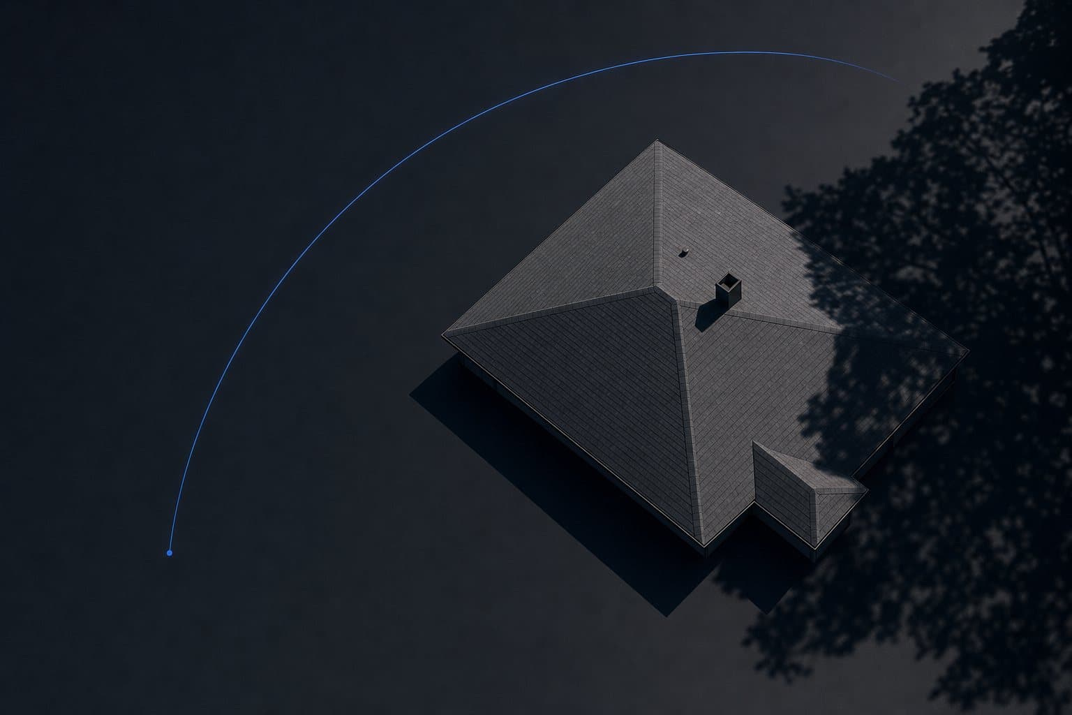 A bare suburban roof at noon with a tree’s shadow stopping short of it