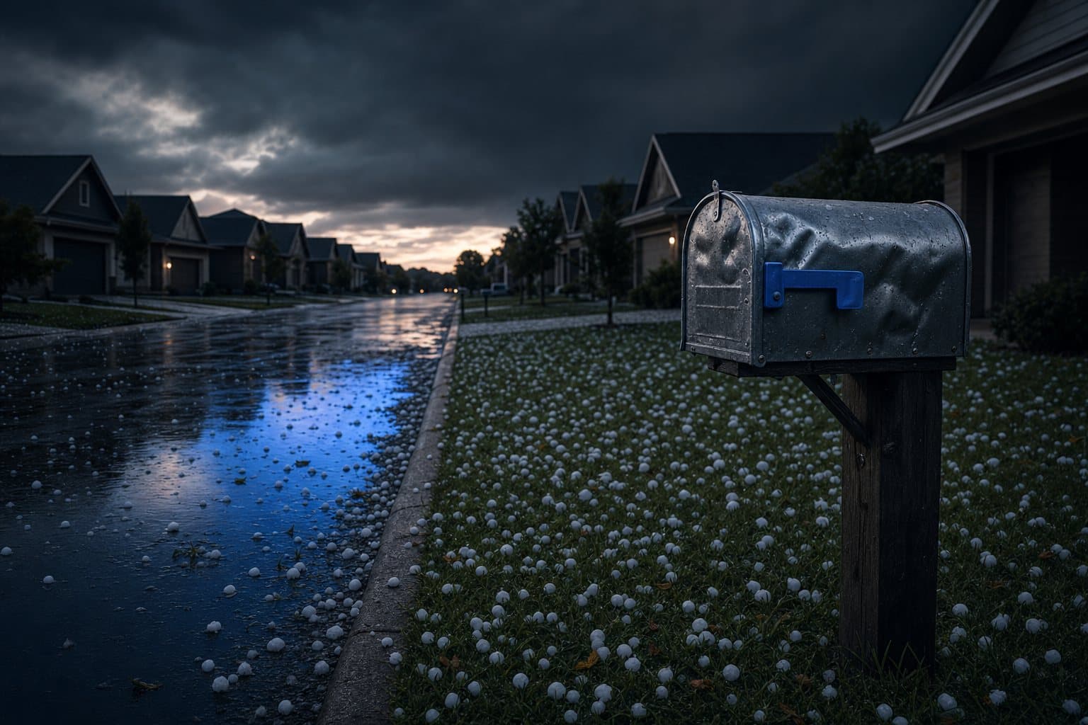 A street after a hailstorm, hailstones on the lawns and a dented mailbox