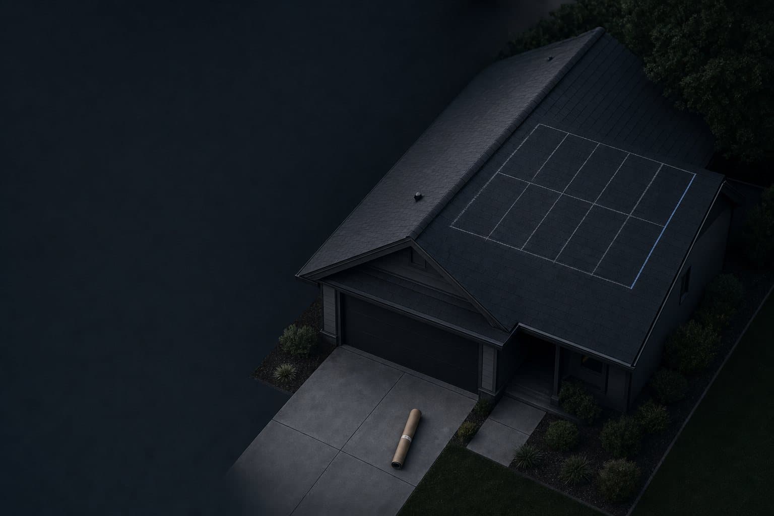 A bare roof from above with chalk marks where an array was laid out and never installed